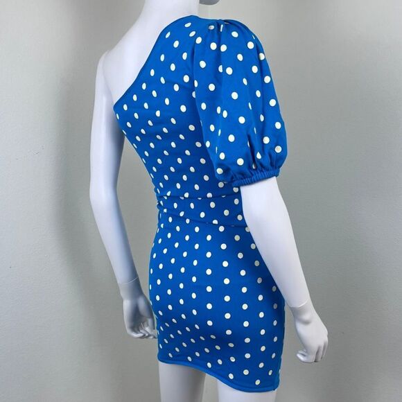 Zara Women Size S Blue Polka Dot One Shoulder Puff Sleeve Mini Bodycon Dress - Picture 15 of 15